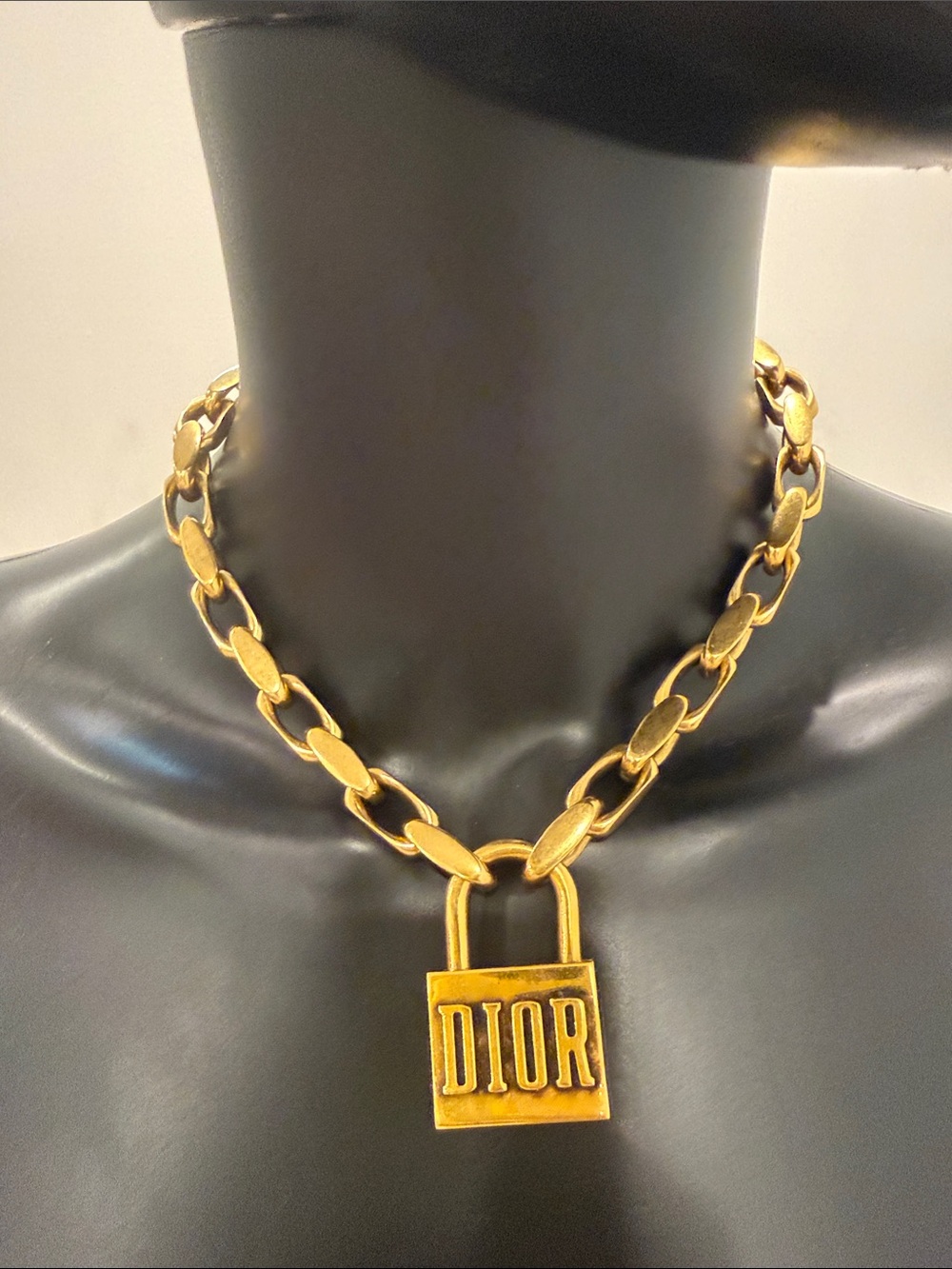 Christian Dior Padlock Chain Necklace Gold Tone Statement Runway Lock Necklace
